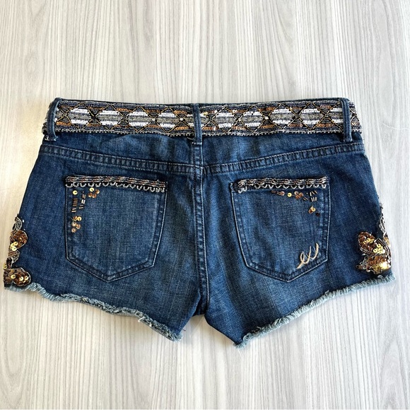 EUC! EXPRESS Embellished Sequin Beaded Raw Hem Cut Off Dark Blue Shorts Size 2 - Picture 2 of 8